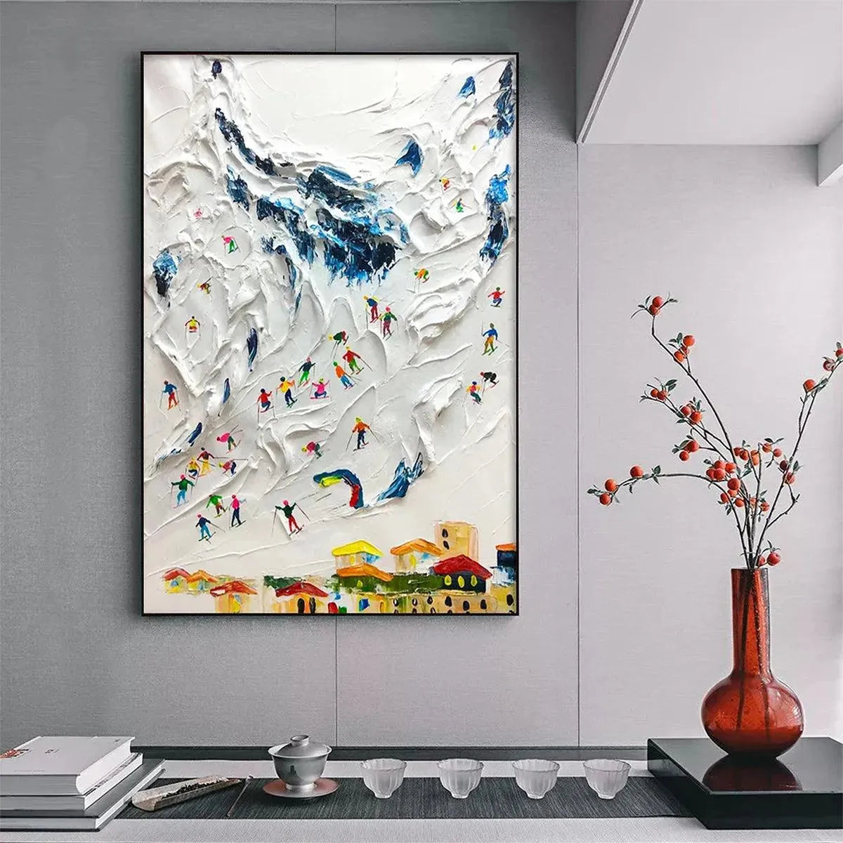 Colorful Skiers on White Mountain | 3D Textured Painting #AA 218