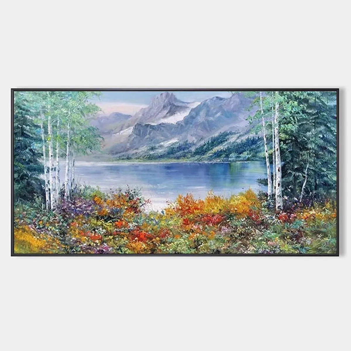 Large Lake and Mountain Oil Painting – Scenic Autumn Wall Decor #TC 247