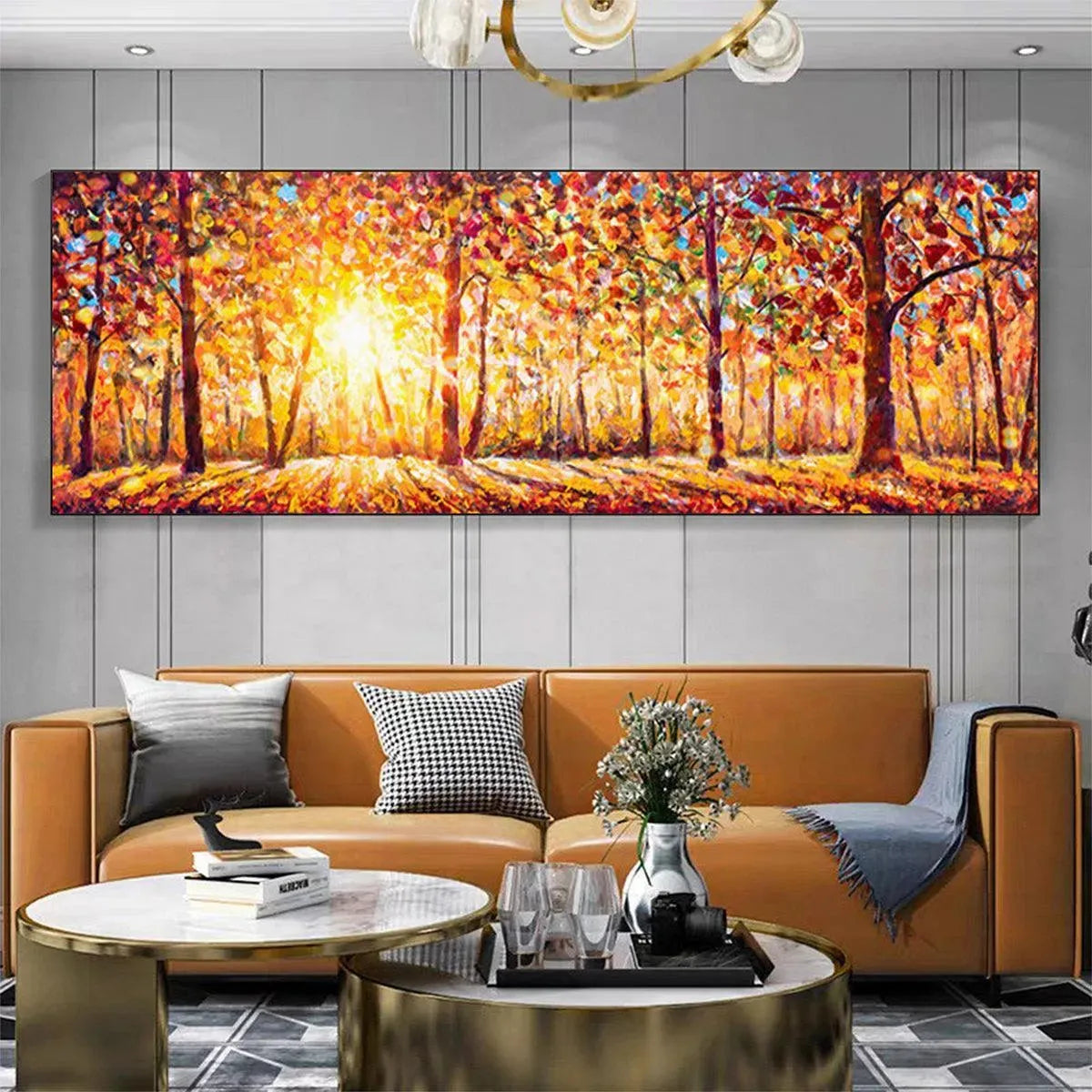 Glowing Autumn Sunrise Forest Painting | Textured Canvas Wall Art #TC 260