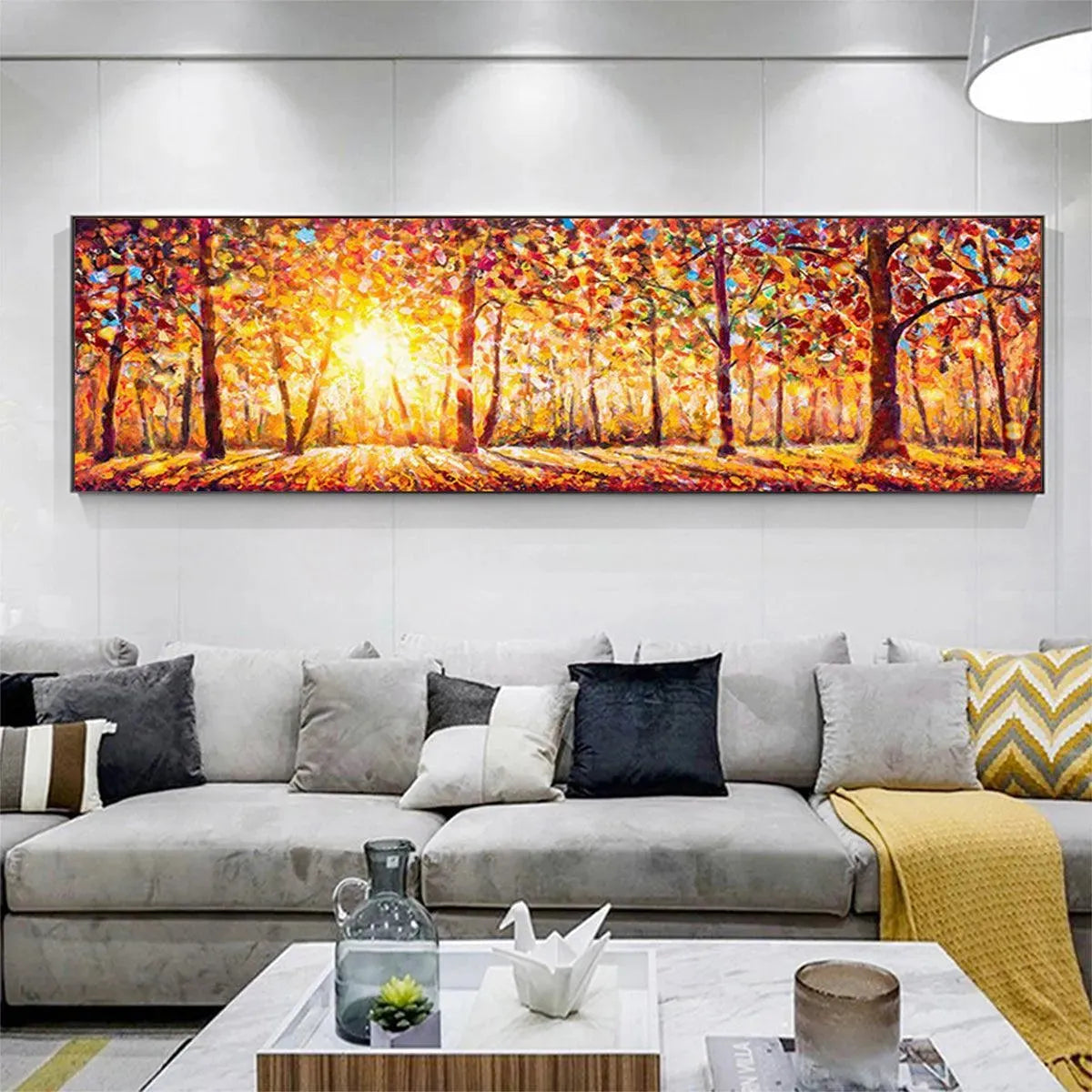 Glowing Autumn Sunrise Forest Painting | Textured Canvas Wall Art #TC 260