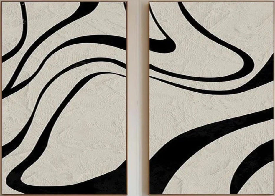 Bold Black Lines on Beige, Modern Art for Walls Set of 2 #TB 119