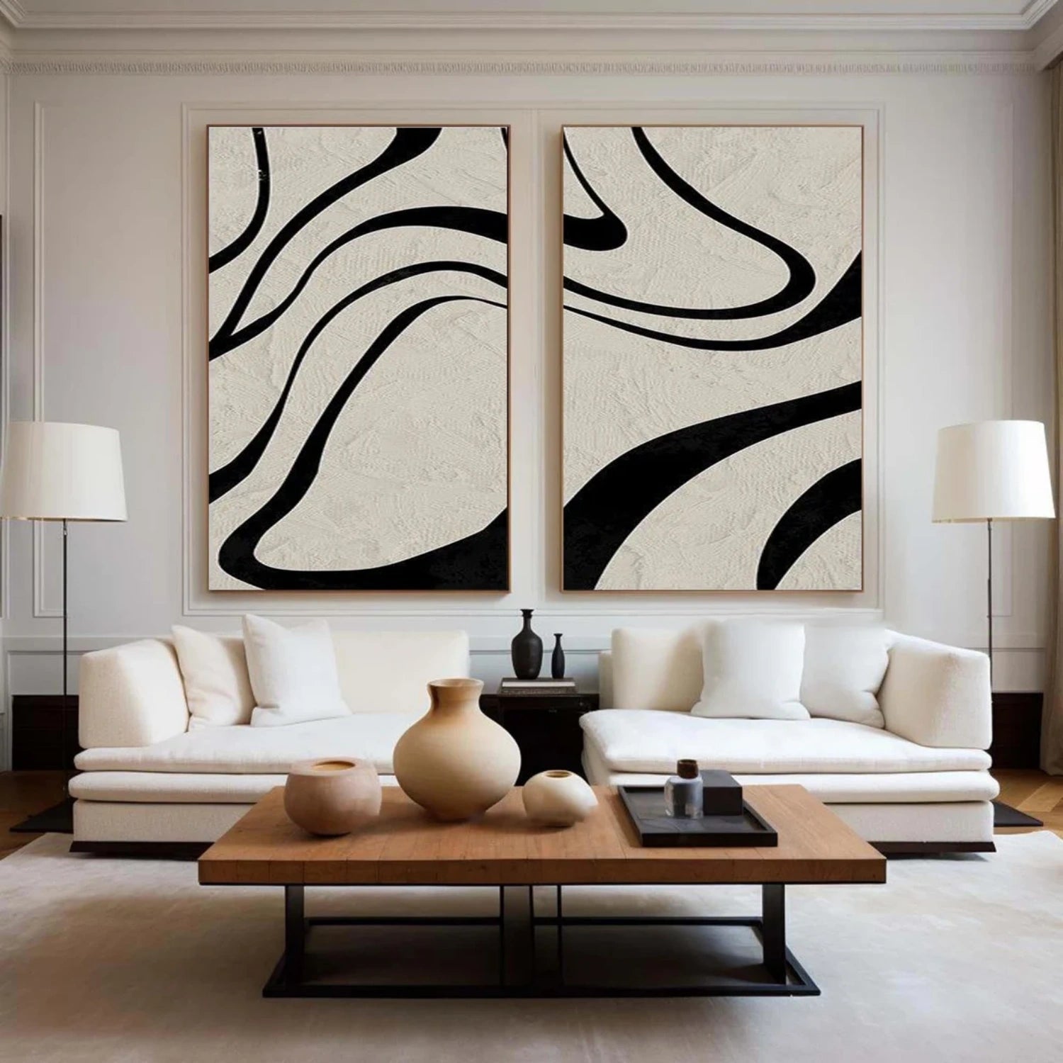 Bold Black Lines on Beige, Modern Art for Walls Set of 2 #TB 119