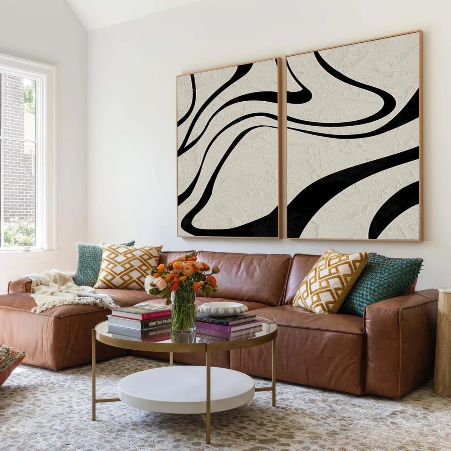 Bold Black Lines on Beige, Modern Art for Walls Set of 2 #TB 119