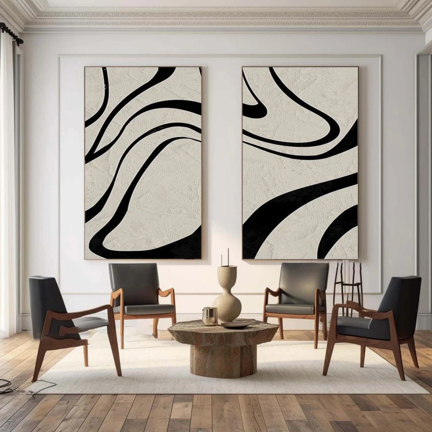 Bold Black Lines on Beige, Modern Art for Walls Set of 2 #TB 119