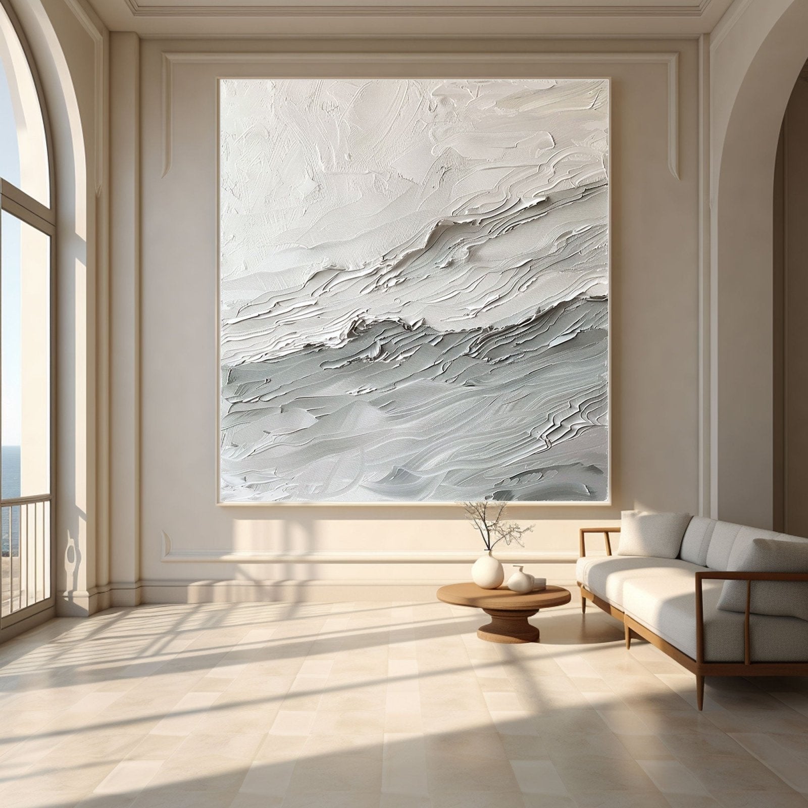 Textured White Abstract Wave Art | Square White & Grey Textured Painting #TC 164