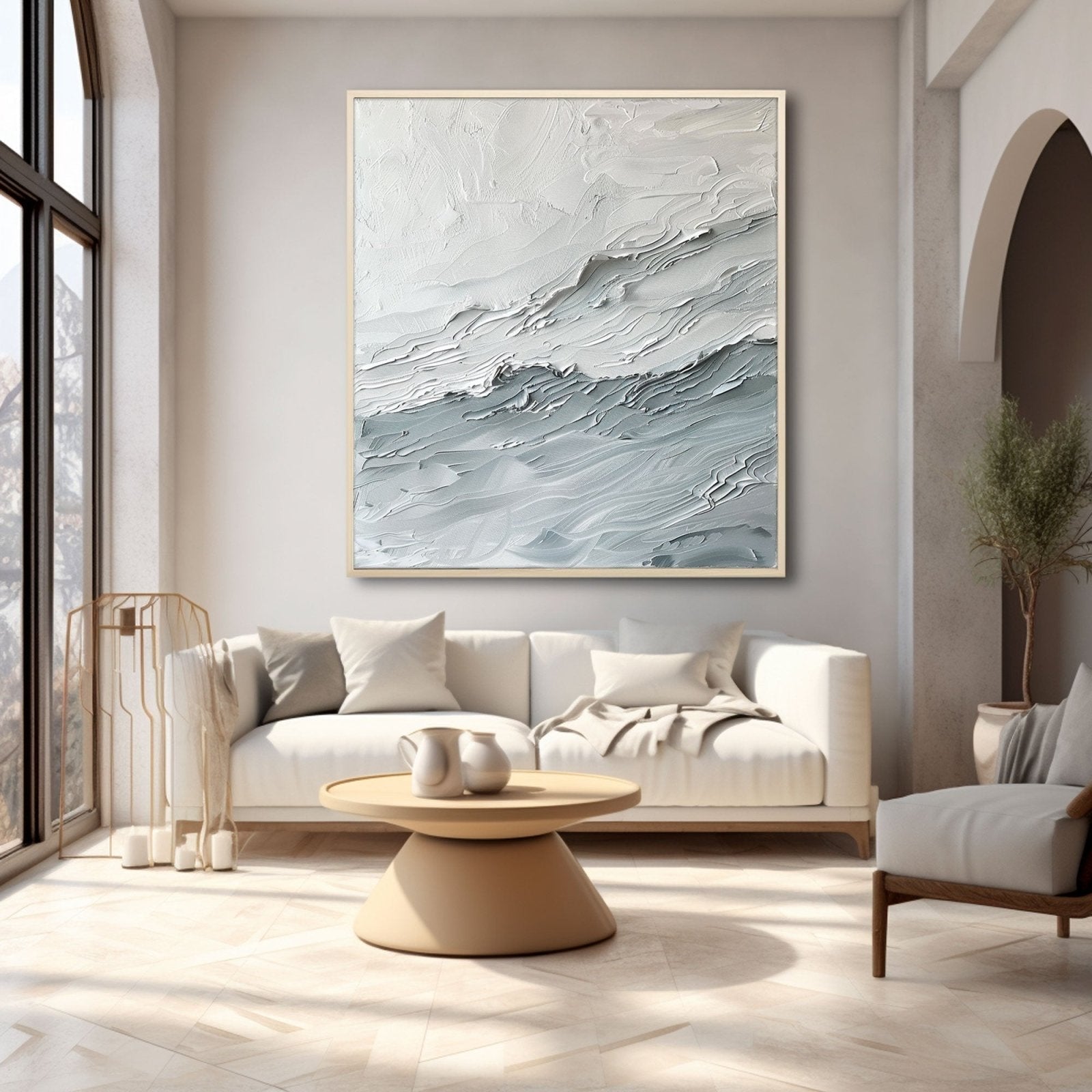 Textured White Abstract Wave Art | Square White & Grey Textured Painting #TC 164