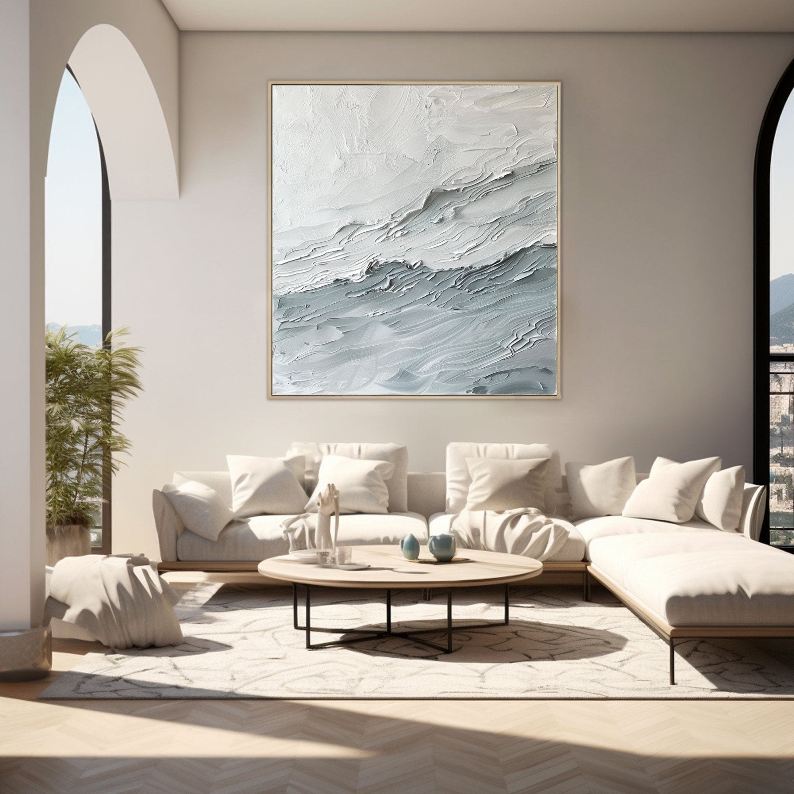 Textured White Abstract Wave Art | Square White & Grey Textured Painting #TC 164