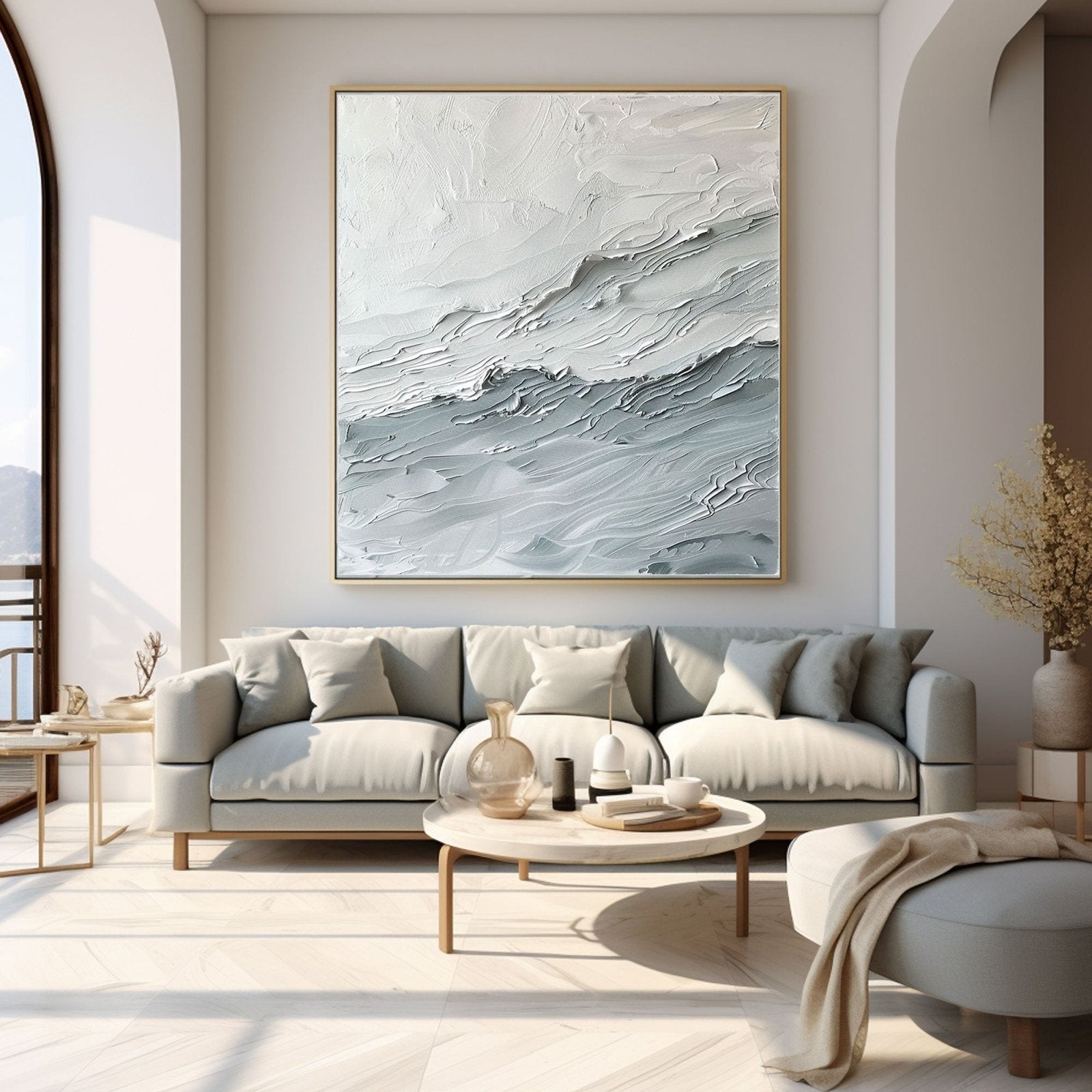 Textured White Abstract Wave Art | Square White & Grey Textured Painting #TC 164