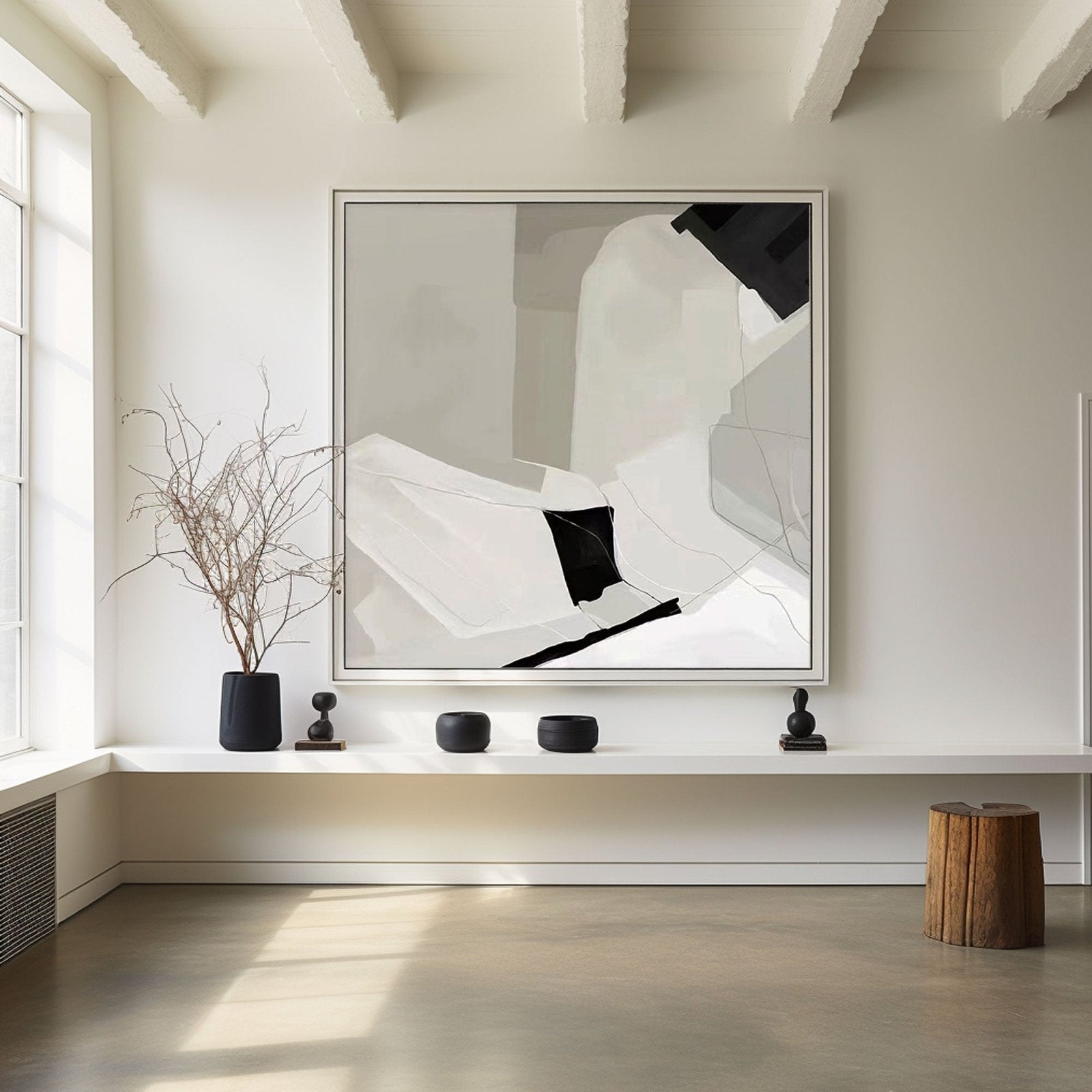 Large Minimalist Abstract Painting in Black and White #TC 207