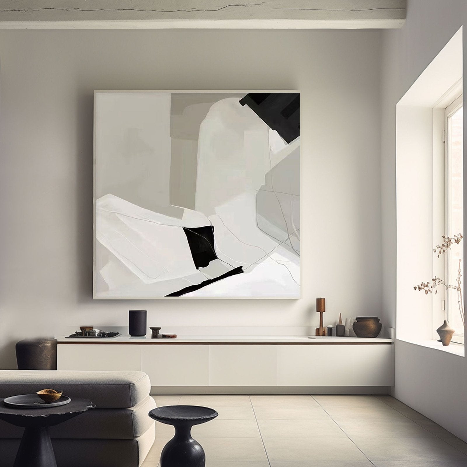 Large Minimalist Abstract Painting in Black and White #TC 207