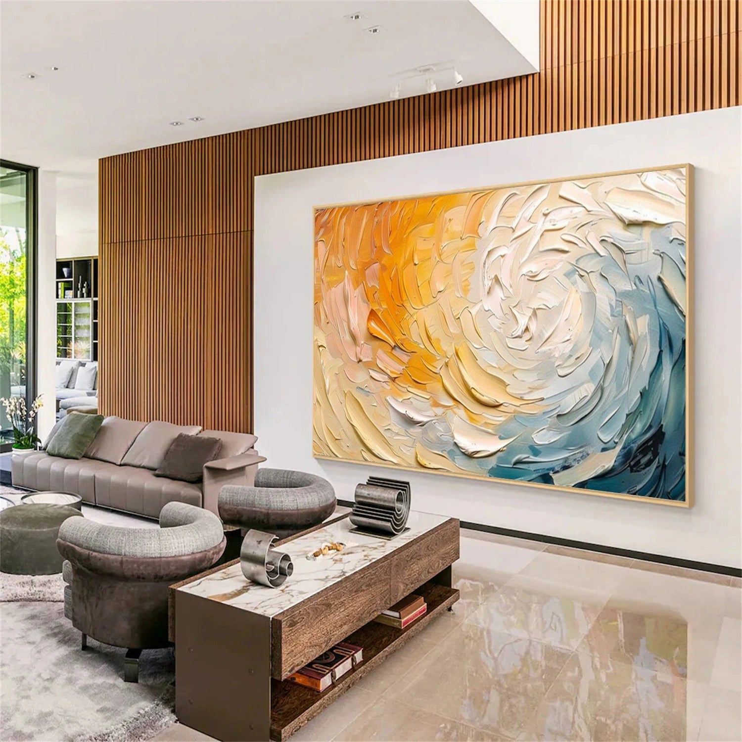 Textured Swirl Abstract Art | Orange & Blue Oil #TB 105