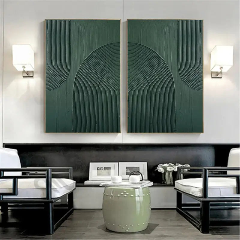 3D Linear Green Painting Set | Modern Textured Abstract Wall Art Pair #JJ 083