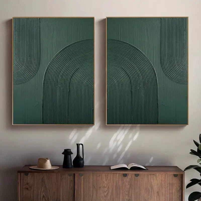 3D Linear Green Painting Set | Modern Textured Abstract Wall Art Pair #JJ 083