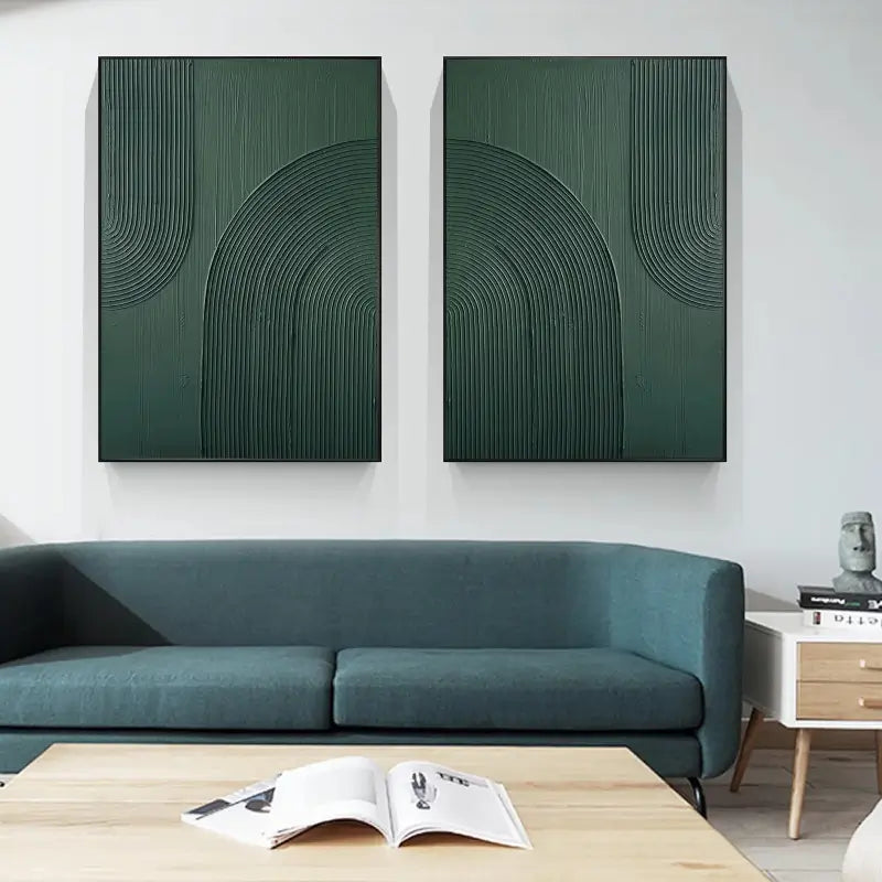 3D Linear Green Painting Set | Modern Textured Abstract Wall Art Pair #JJ 083