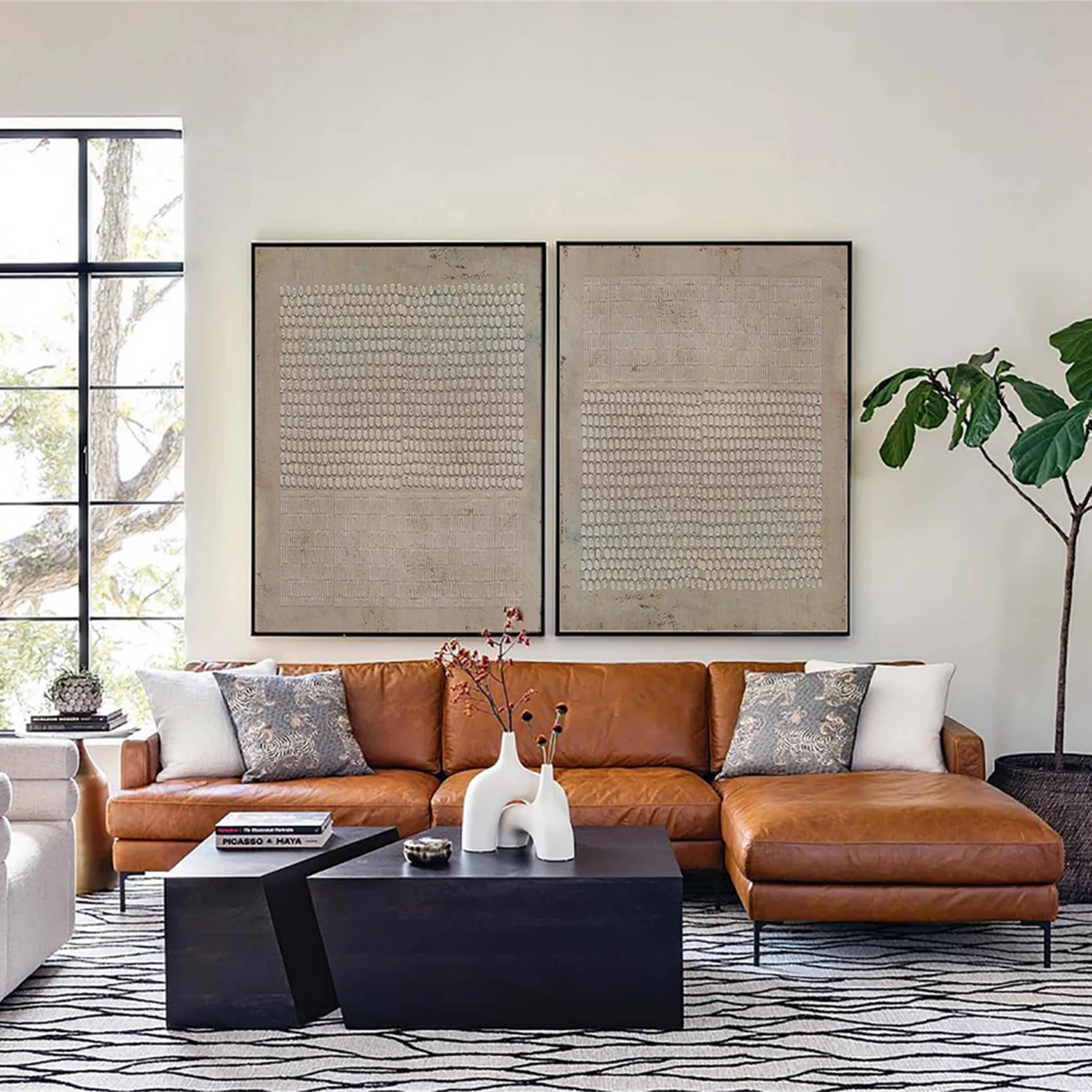 Textured Neutral Diptych | Set of 2 Abstract Pattern Canvas Art #JJ 084