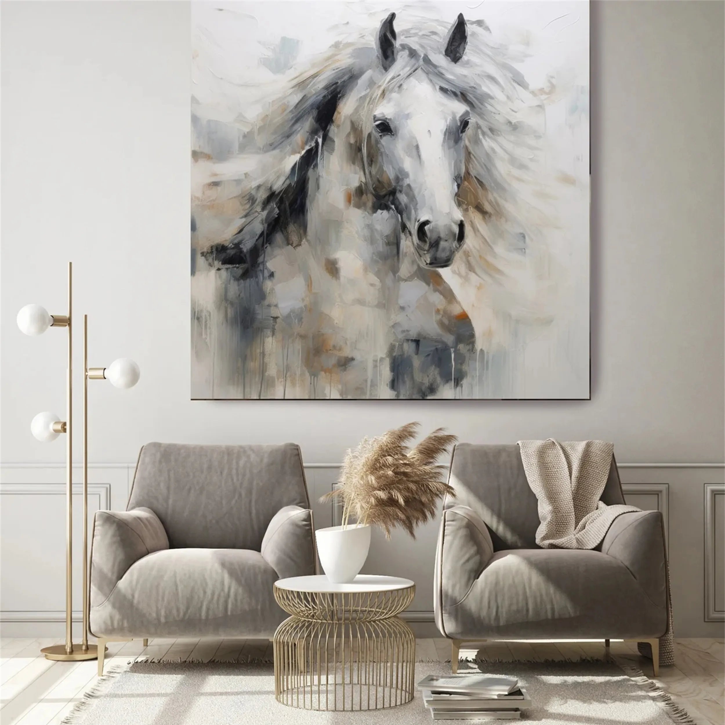 Expressive White Horse Painting | Large Modern Equine Wall Art #ZZ 152