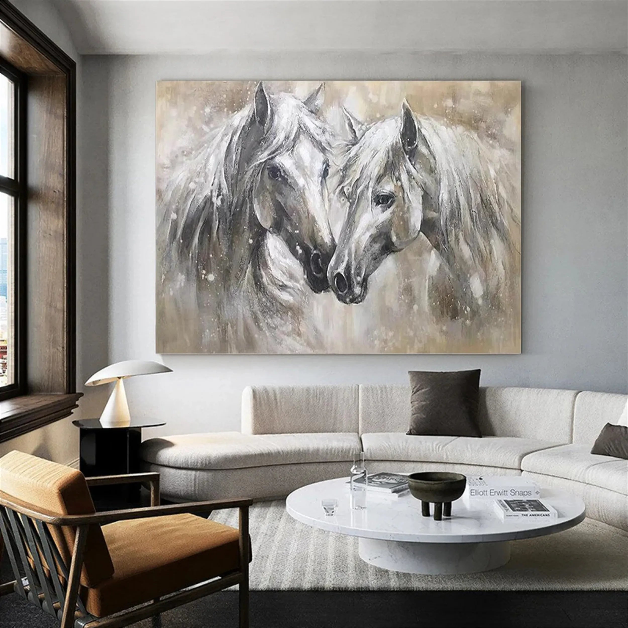 Two Horses Wall Art Abstract Oil Painting - Modern Animal Art #JJ 090