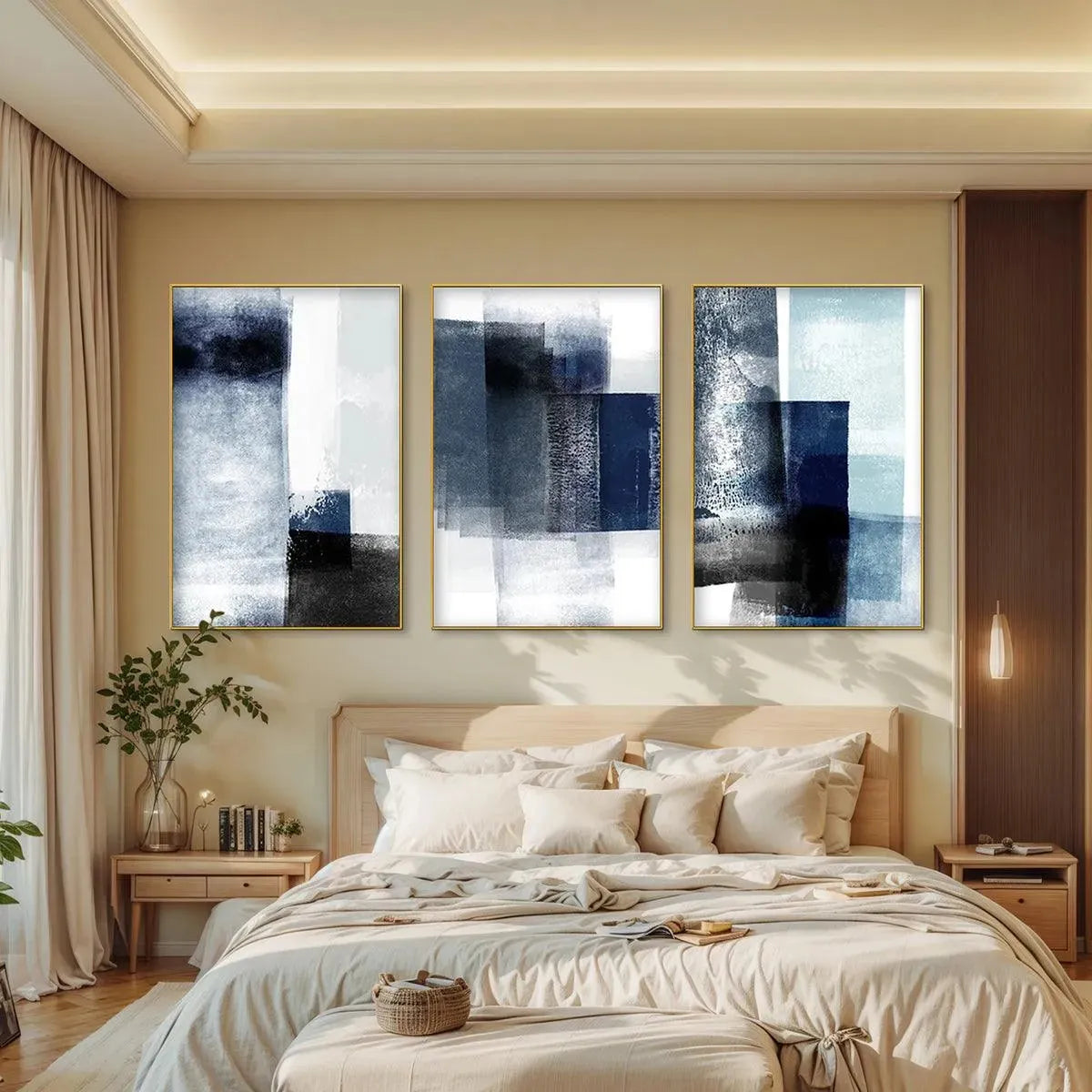 Blue & Black Abstract Triptych | Set of 3 Wall Art #AA 201