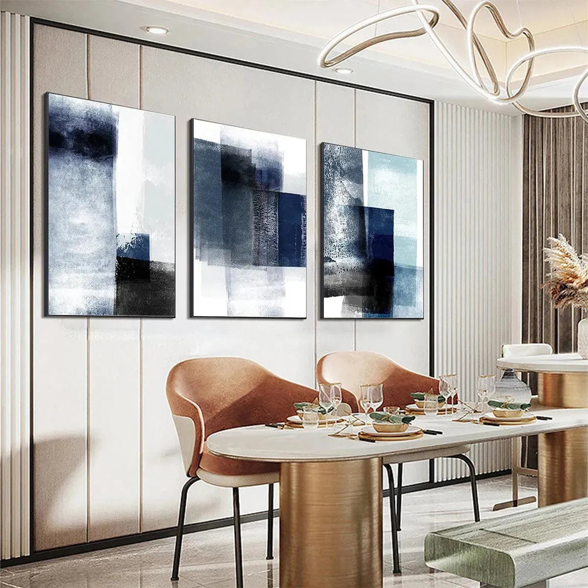 Blue & Black Abstract Triptych | Set of 3 Wall Art #AA 201