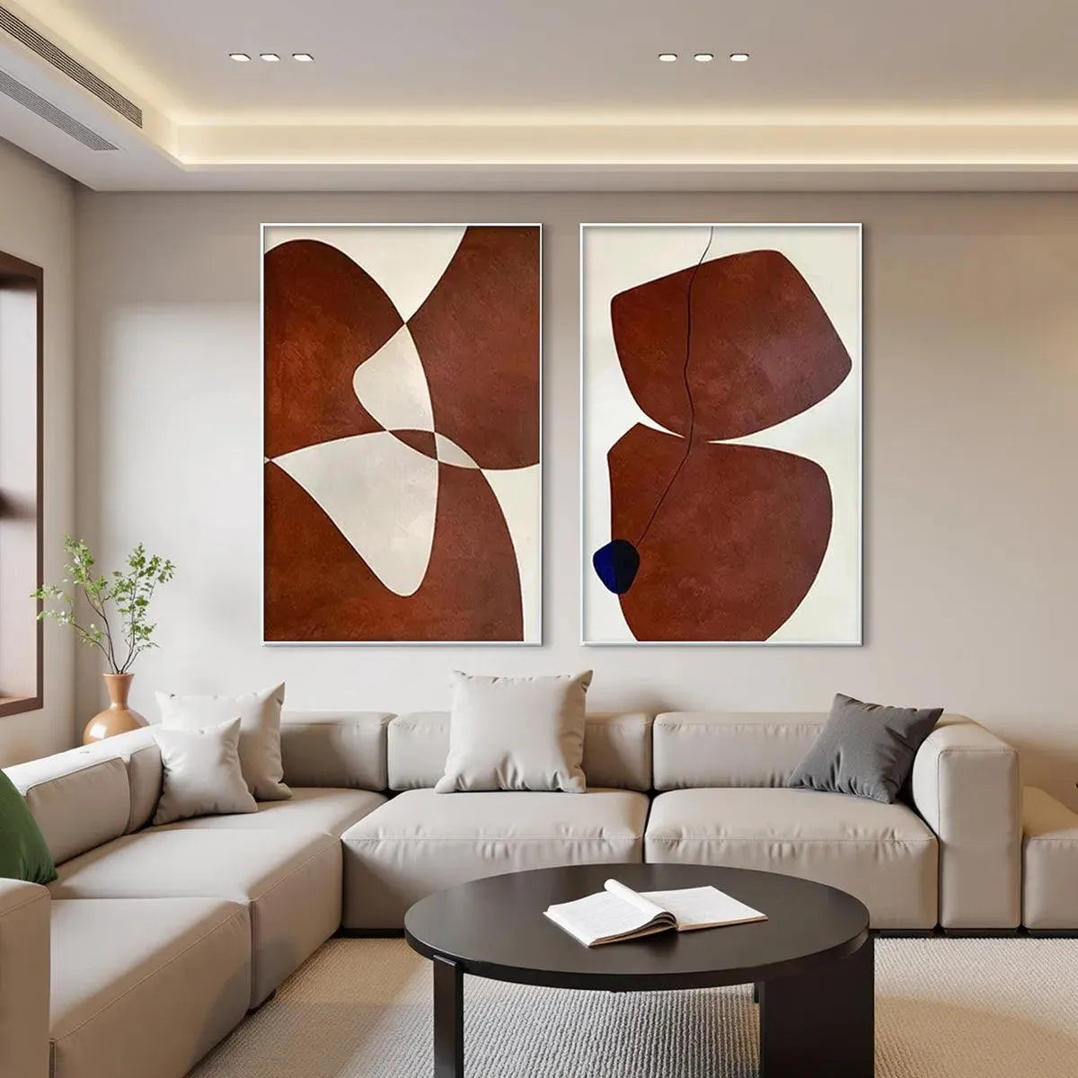 Modern Abstract Organic Shapes Art | Brown & White Diptych #AA 203