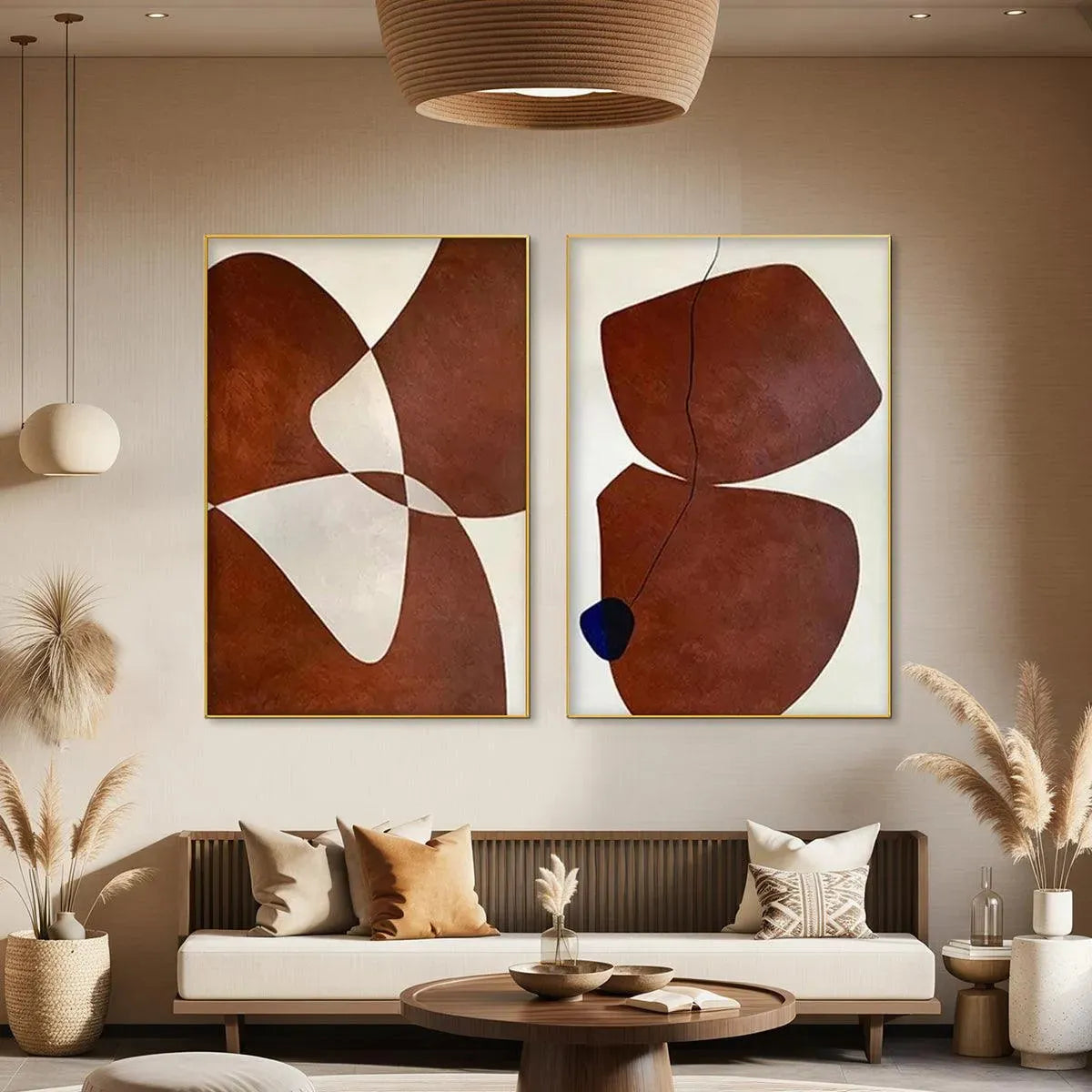 Modern Abstract Organic Shapes Art | Brown & White Diptych #AA 203
