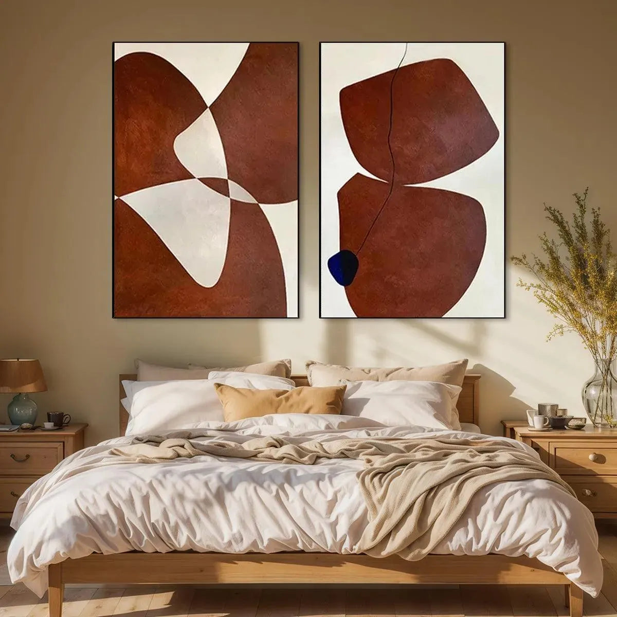 Modern Abstract Organic Shapes Art | Brown & White Diptych #AA 203