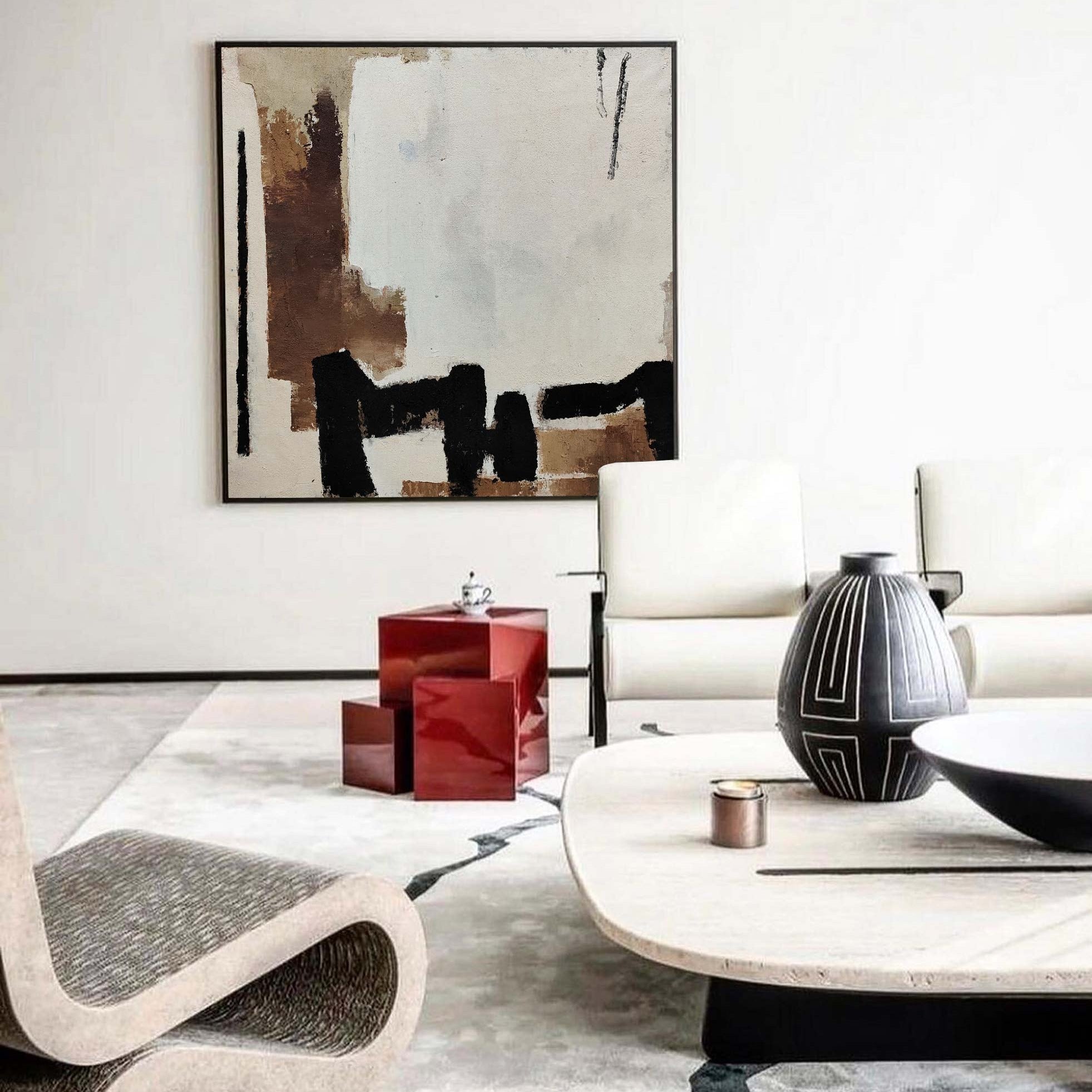 Beige, Black & Rust Abstract Canvas Art | Modern Square Print #AA 336