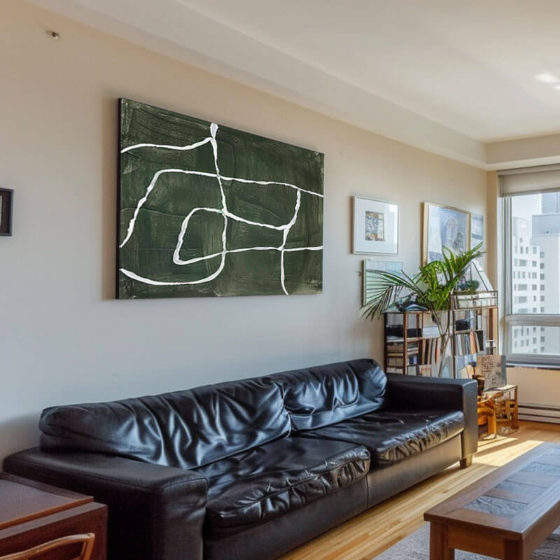 Deep Forest Green Abstract Wall Art | Minimalist White Line Canvas #AA 335