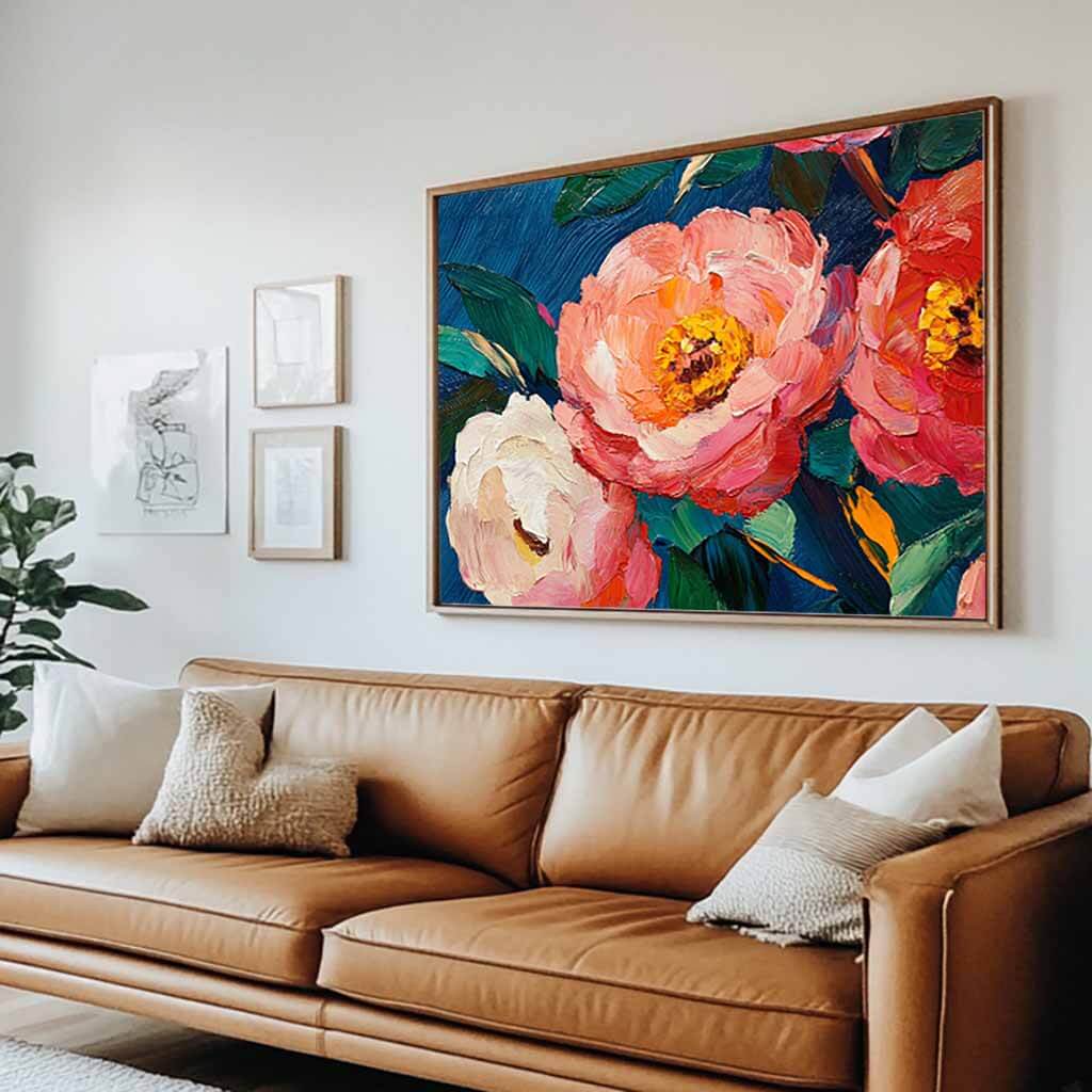 Pink Peony on Navy Blue Canvas | Floral Oil Painting Art #AA 340