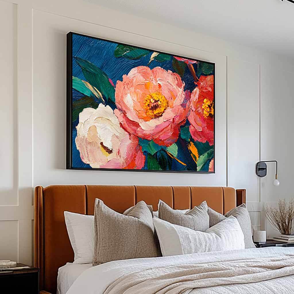 Pink Peony on Navy Blue Canvas | Floral Oil Painting Art #AA 340