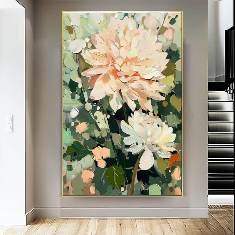 Peach Dahlia Canvas Wall Art | Vertical Floral Oil Painting #AA 342