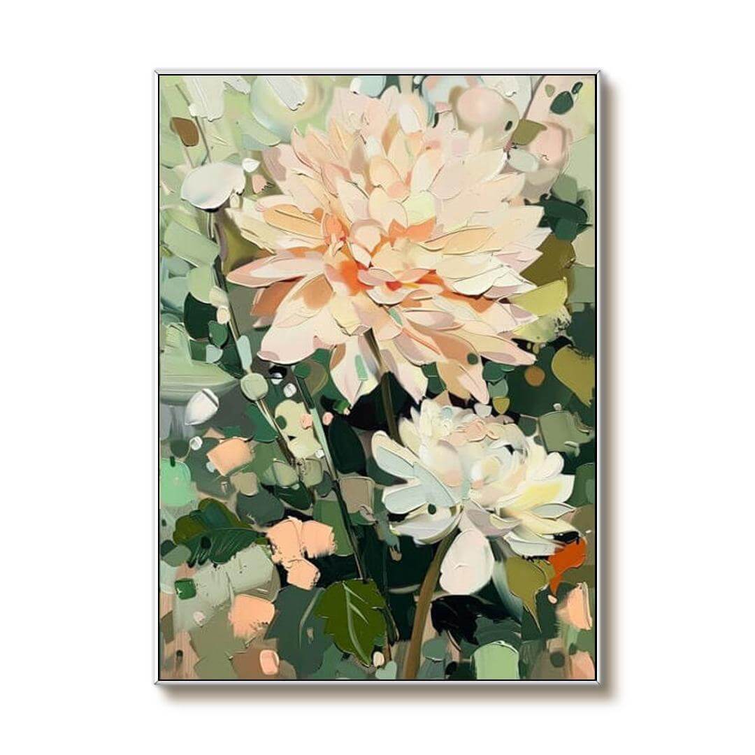 Peach Dahlia Canvas Wall Art | Vertical Floral Oil Painting #AA 342