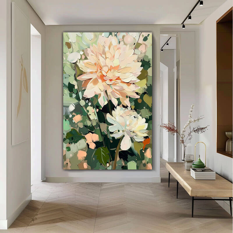 Peach Dahlia Canvas Wall Art | Vertical Floral Oil Painting #AA 342