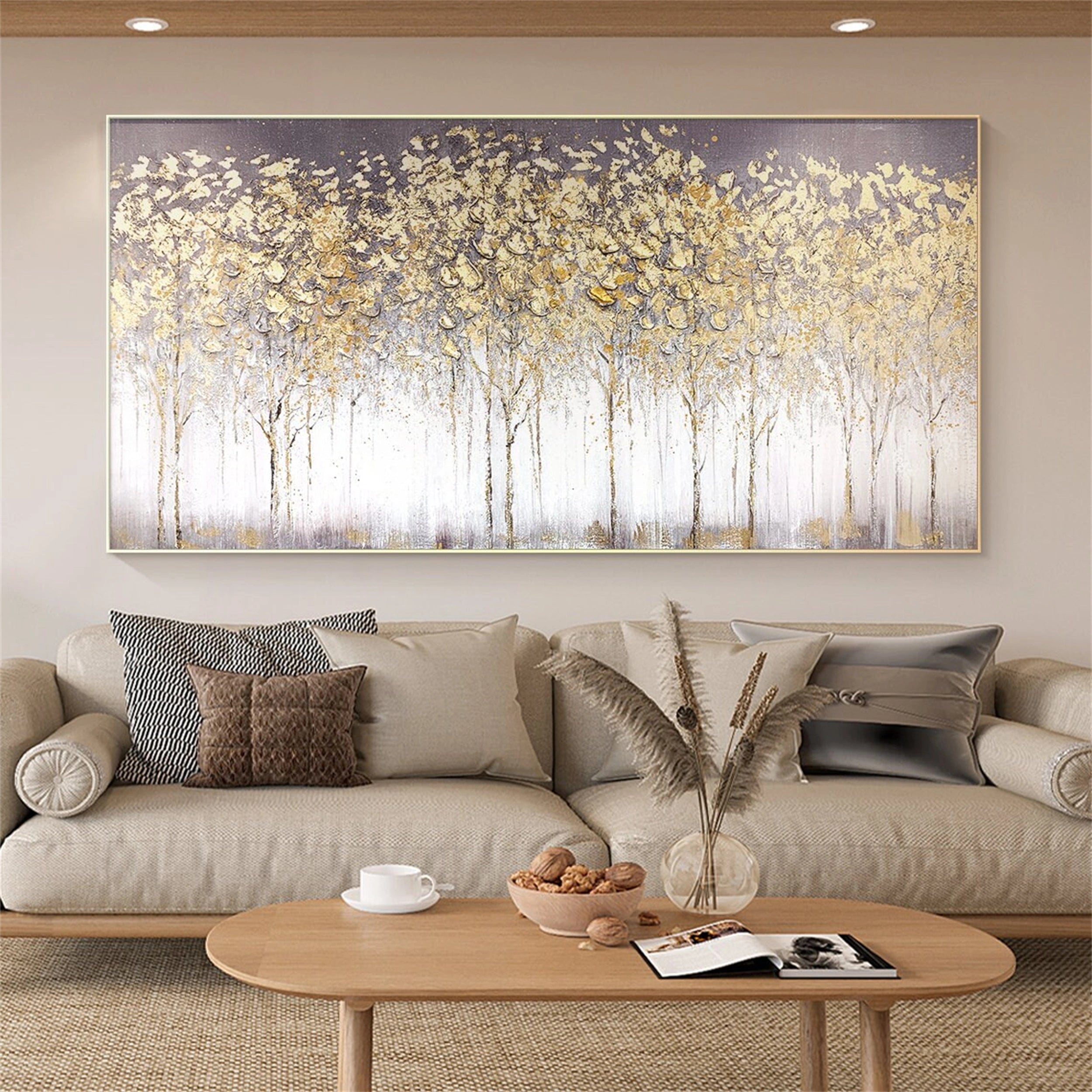 Textured Gold Tree Painting | Large Panoramic Abstract Forest Art #JJ 100