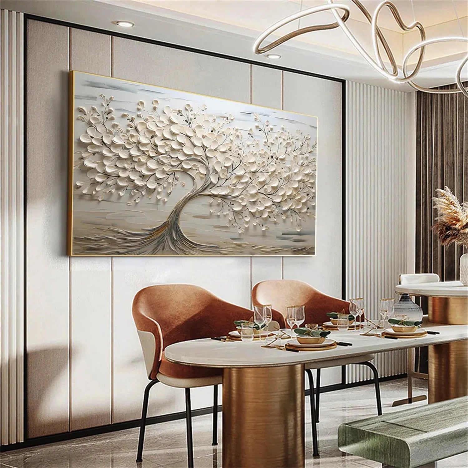 Oversized Abstract Tree Painting | Beige Textured Horizontal Wall Art Decor #ZZ 142