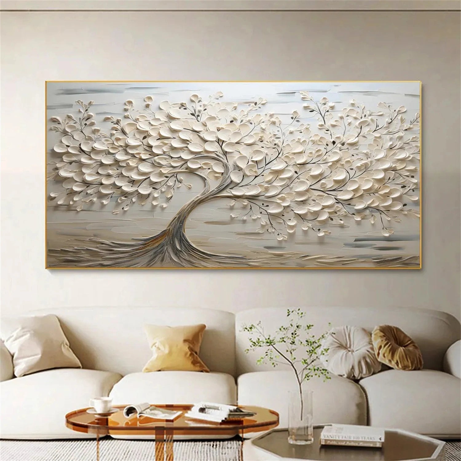 Oversized Abstract Tree Painting | Beige Textured Horizontal Wall Art Decor #ZZ 142