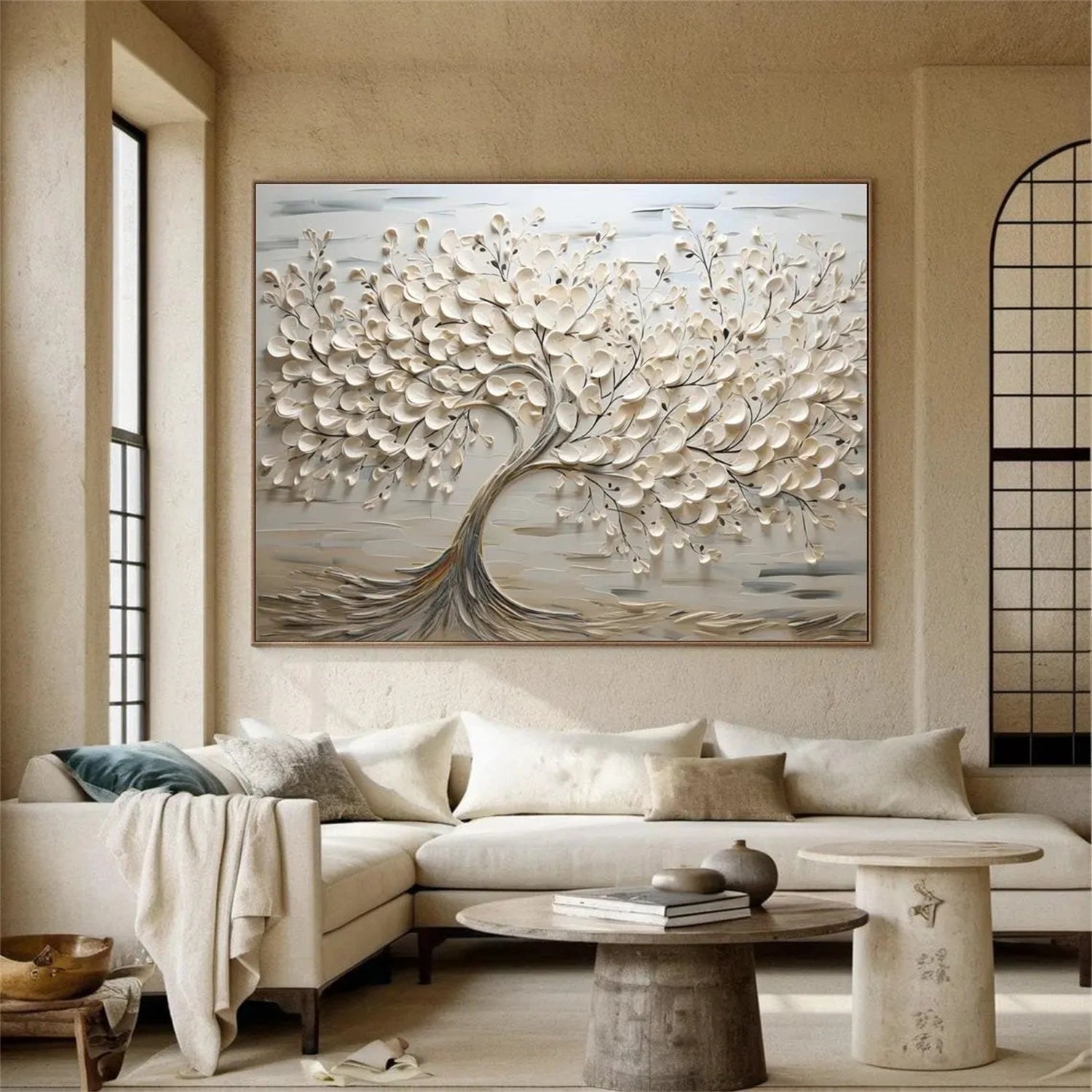Oversized Abstract Tree Painting | Beige Textured Horizontal Wall Art Decor #ZZ 142