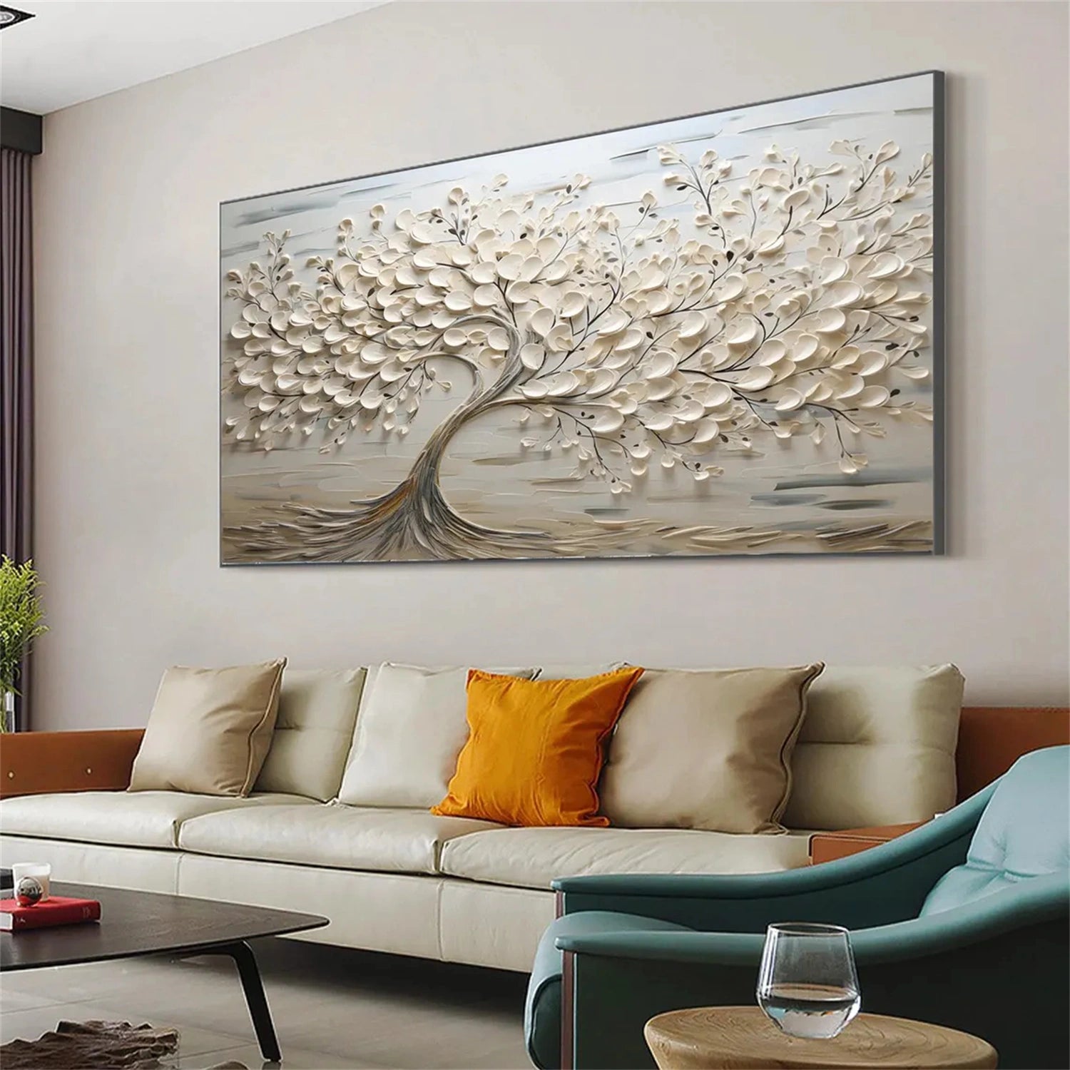Oversized Abstract Tree Painting | Beige Textured Horizontal Wall Art Decor #ZZ 142