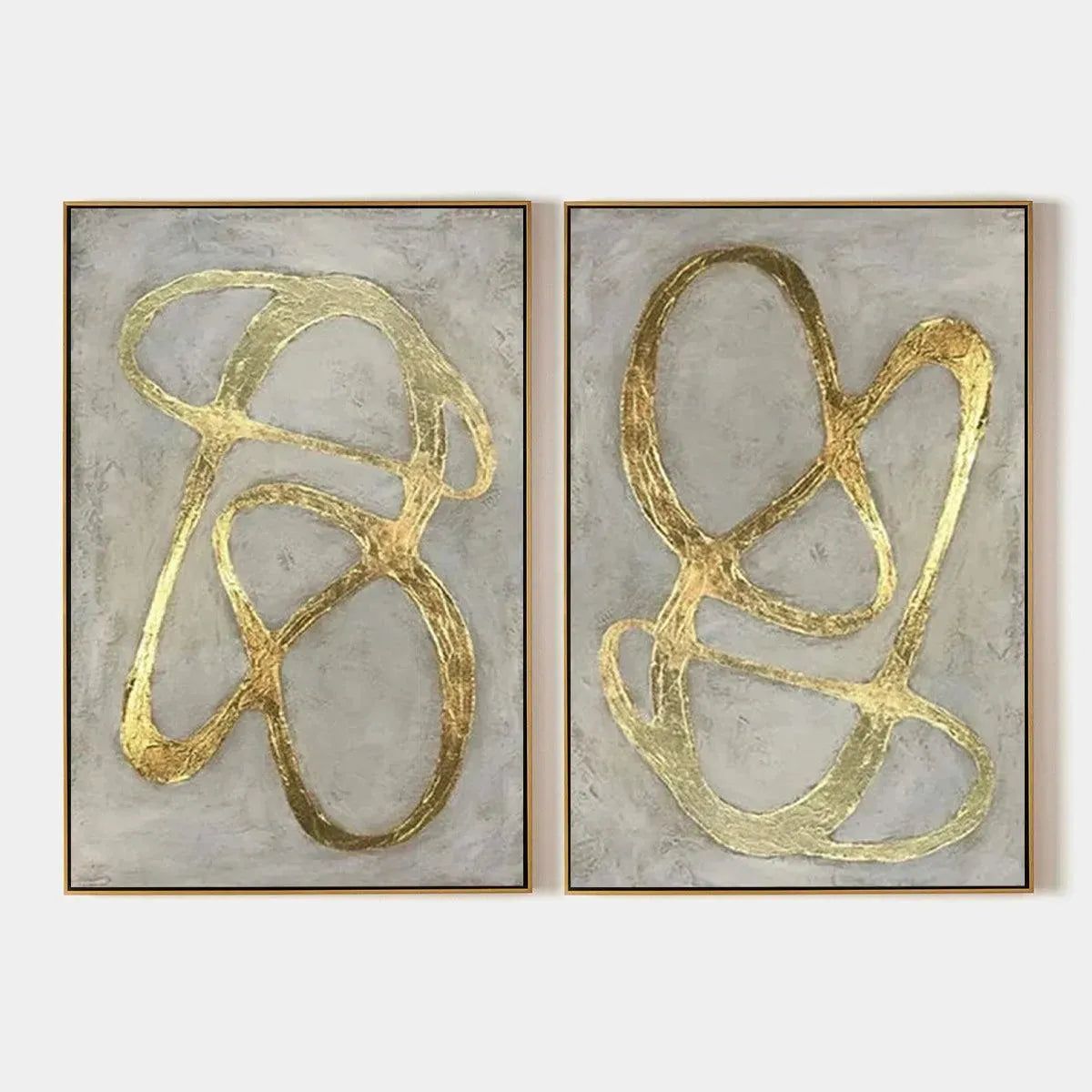 Gold Ribbon Abstract Diptych | Modern Line Art Painting #AA 209