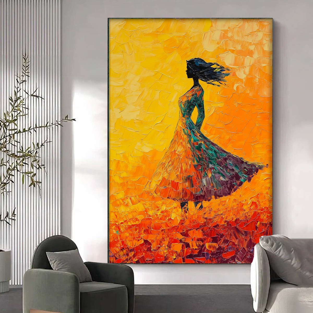 Fiery Woman in Orange Dress Painting | Vibrant Wall Decor #AA 112