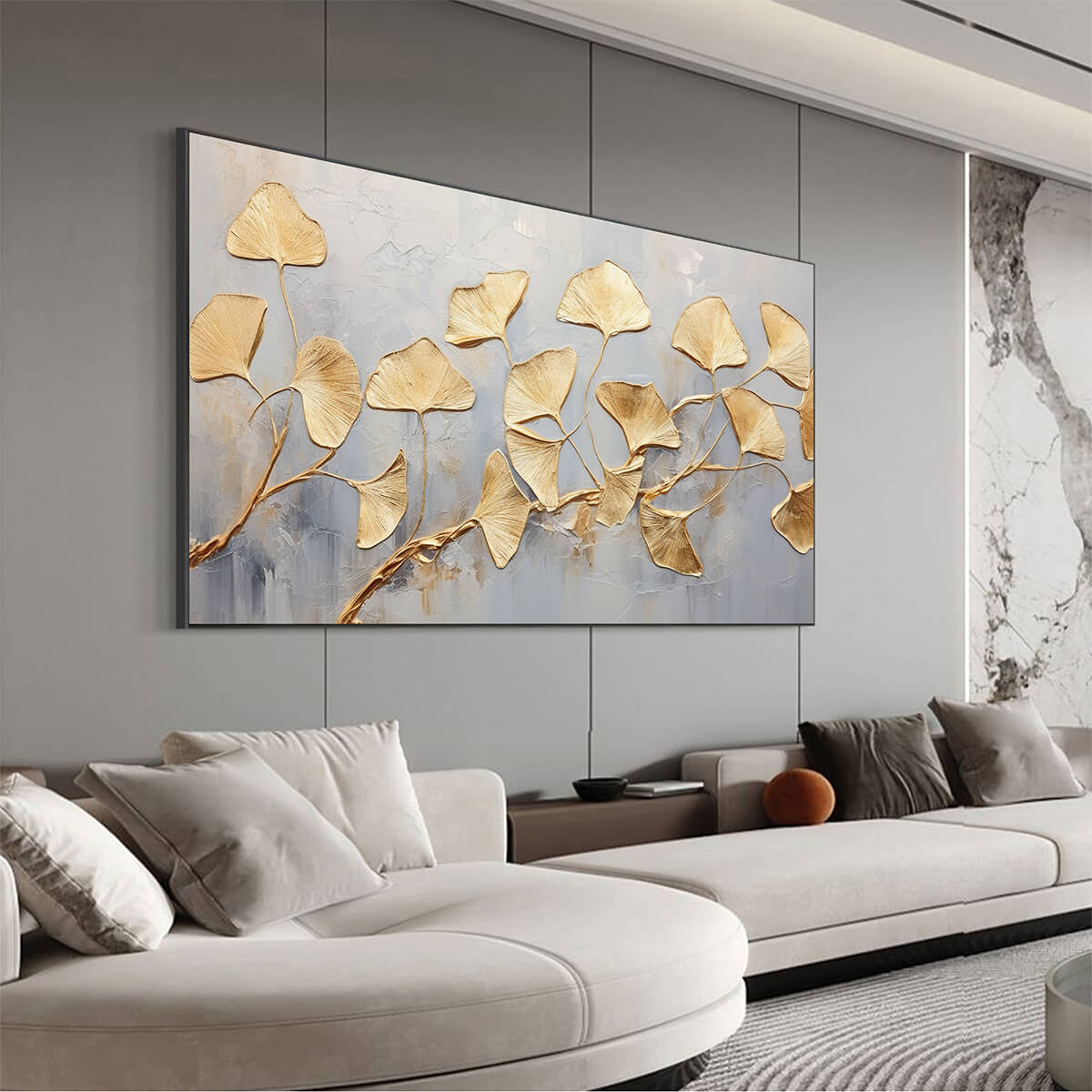 Golden Ginkgo Leaf Canvas Wall Art - Panoramic Grey & Gold Print #AA 332