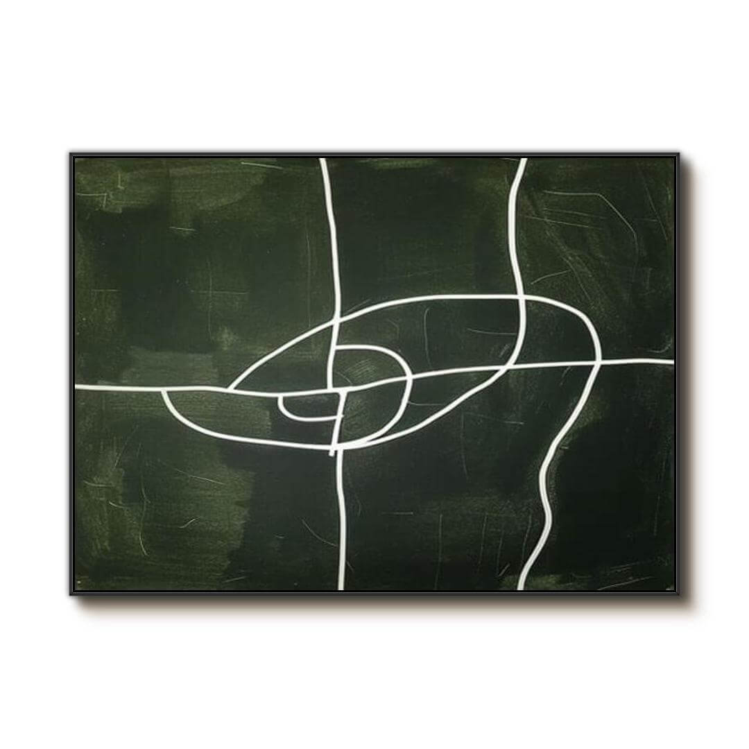 Dark Green Minimalist Wall Art | Abstract White Line Canvas #AA 370