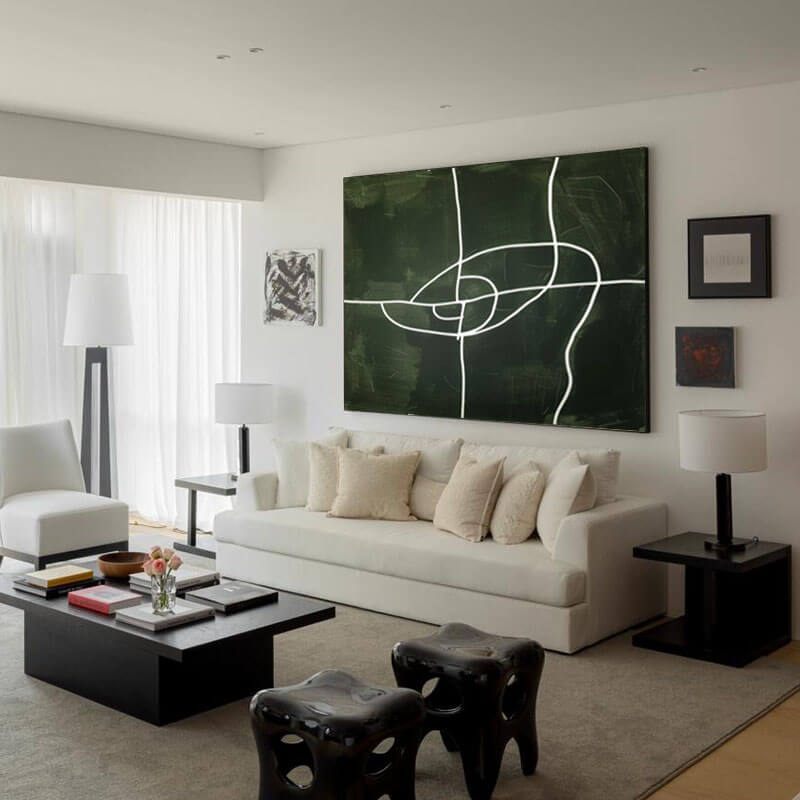 Dark Green Minimalist Wall Art | Abstract White Line Canvas #AA 370