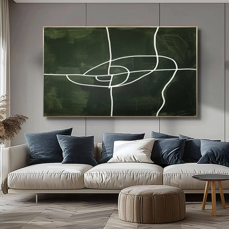 Dark Green Minimalist Wall Art | Abstract White Line Canvas #AA 370