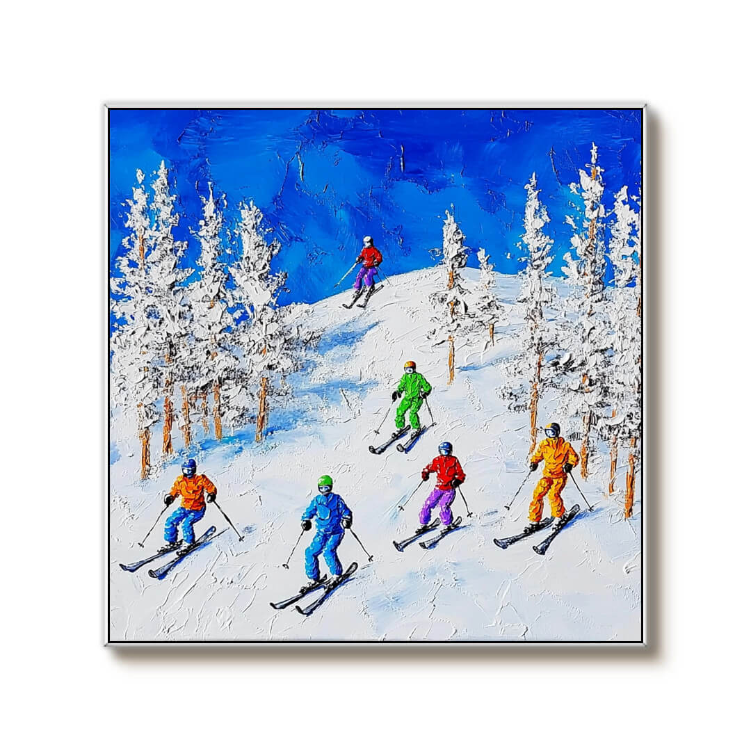 Colorful Skiers on Snowy Mountain Canvas Art | Winter Sports Decor #AA 371