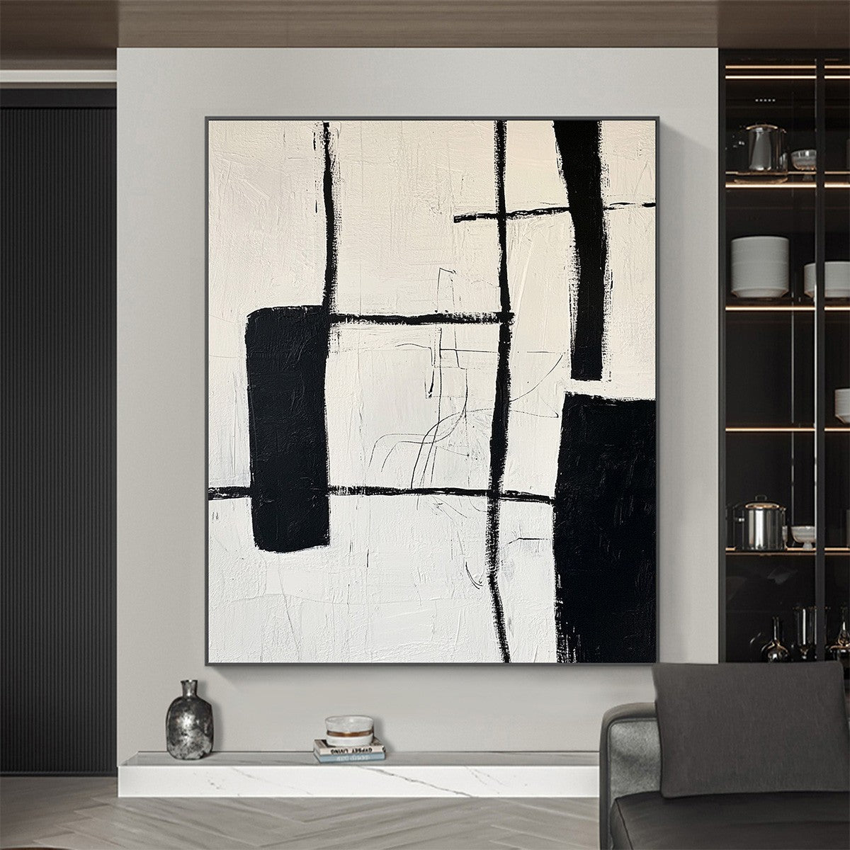 Minimalist Black and White Abstract Wall Art | Geometric Line Canvas #AA 338