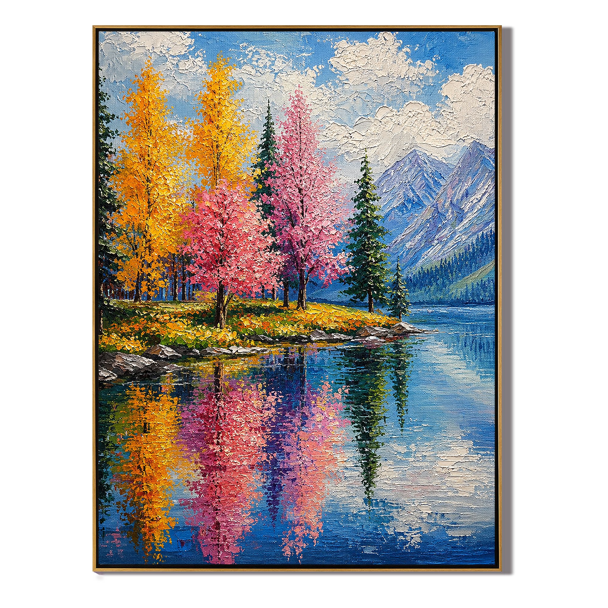 Alpine Blossom Reflection – Hand Painted Colorful Mountain Lake Landscape Oil Painting | Large Nature Wall Art