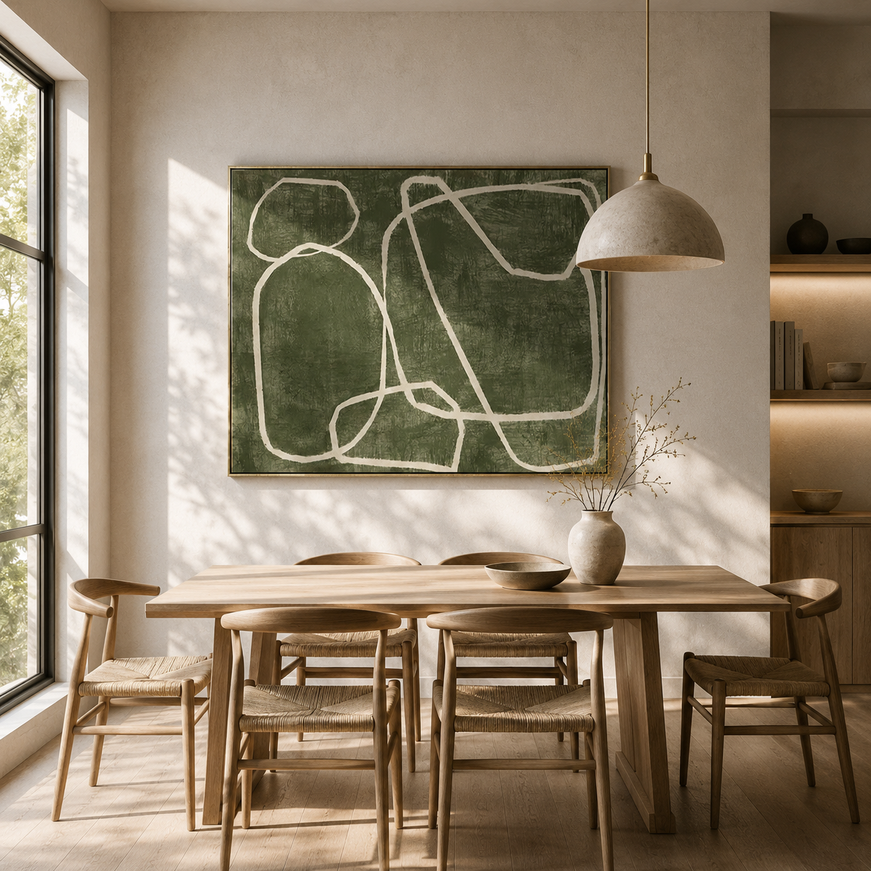 Olive Silence – Minimalist Abstract Line Wall Art for Organic Modern Interiors