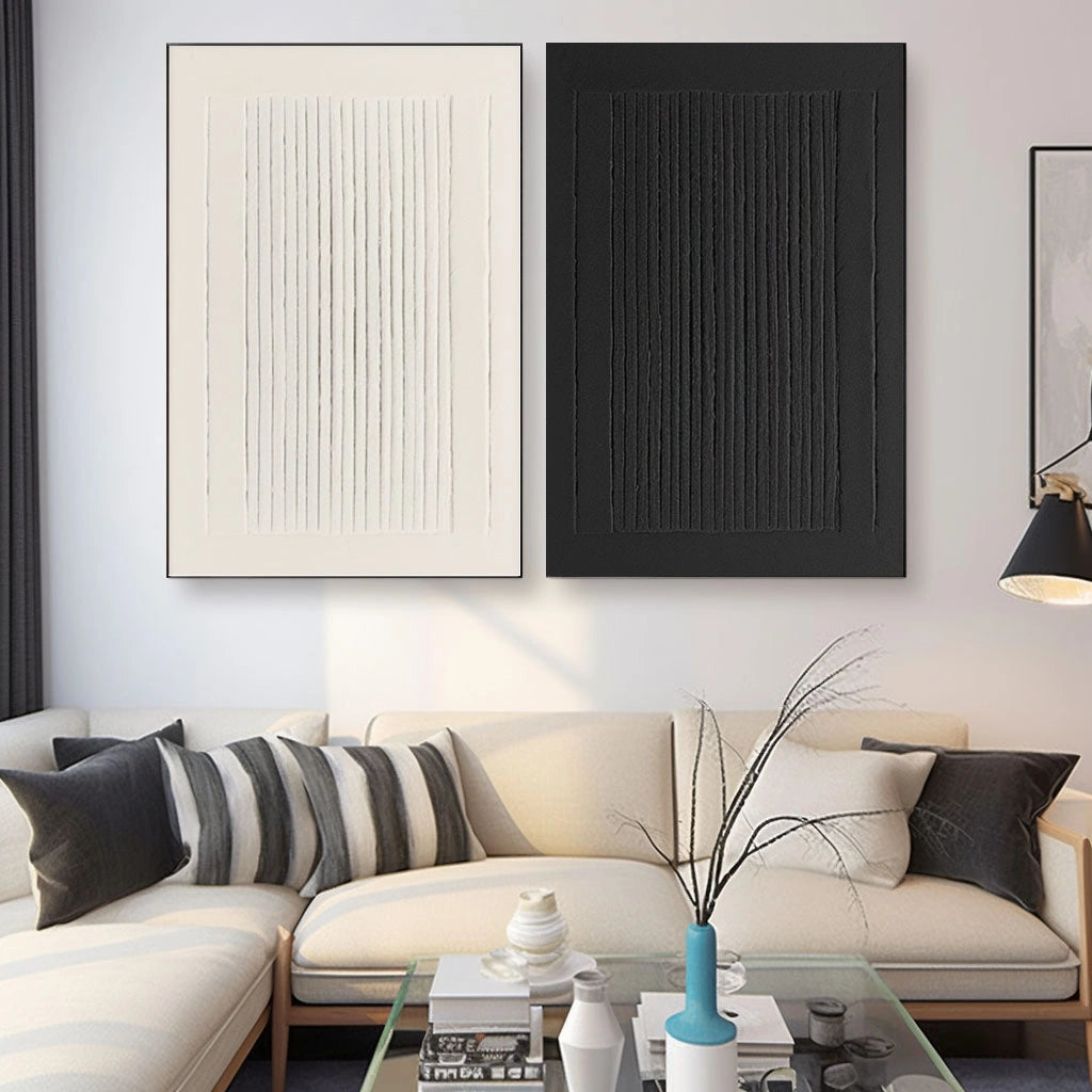 Minimalist Textured Linear Art | Black and White Stripe Canvas Pair #JJ 086