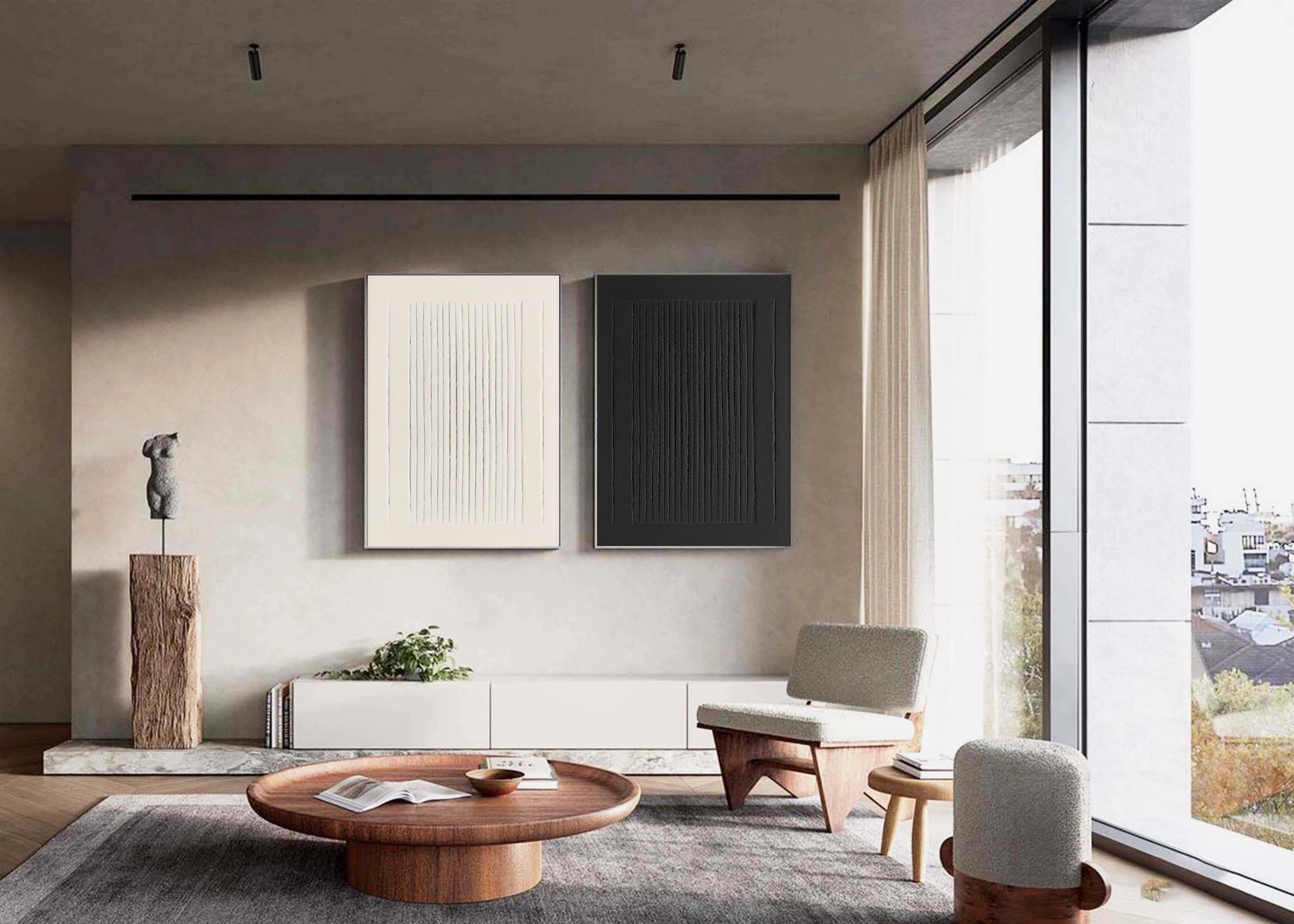 Minimalist Textured Linear Art | Black and White Stripe Canvas Pair #JJ 086